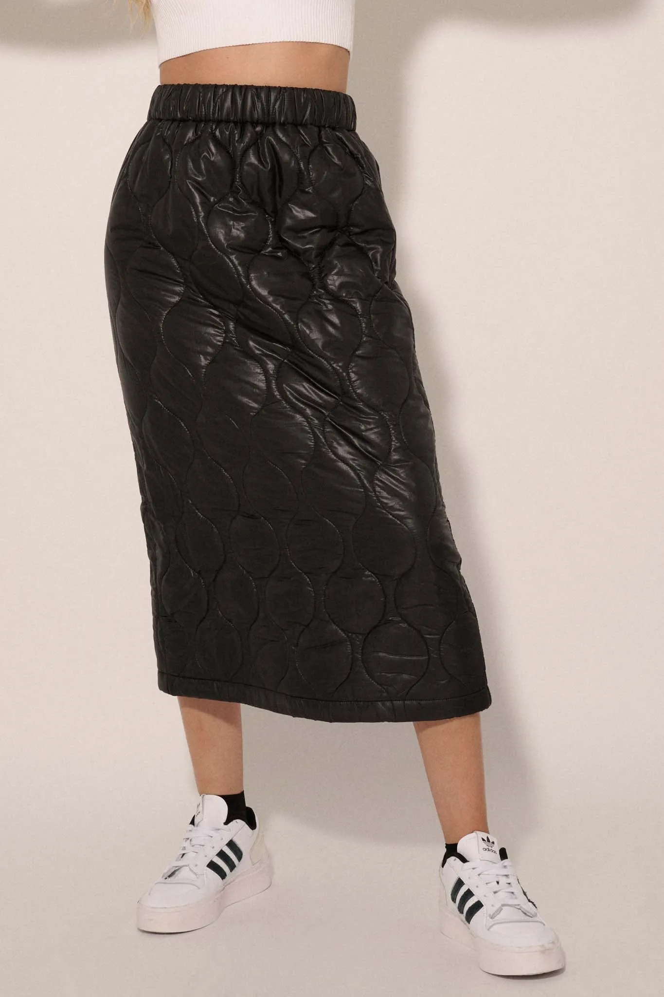 Puffer Up Quilted Vegan Leather Midi Skirt