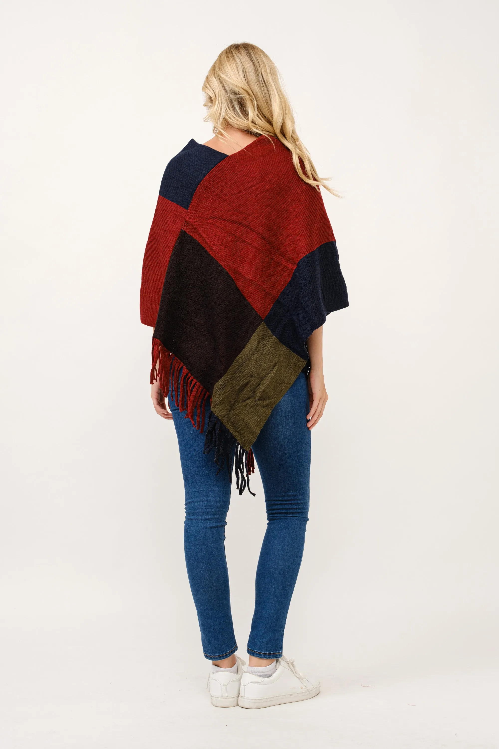 RAJ STACEY KNIT COLORBLOCK BOTTOM TASSELS PONCHO CAPE