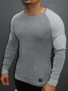 R&R Men Stylish 2 Tone Ribbed Arm Crew Neck Sweater - Gray