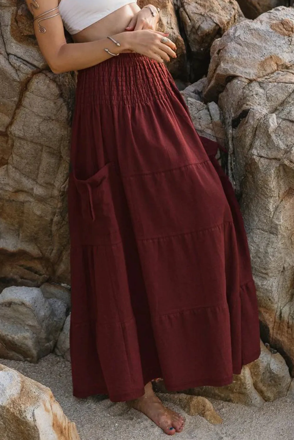 Red Dahlia Smocked Waist Bohemian Tiered Maxi Skirt