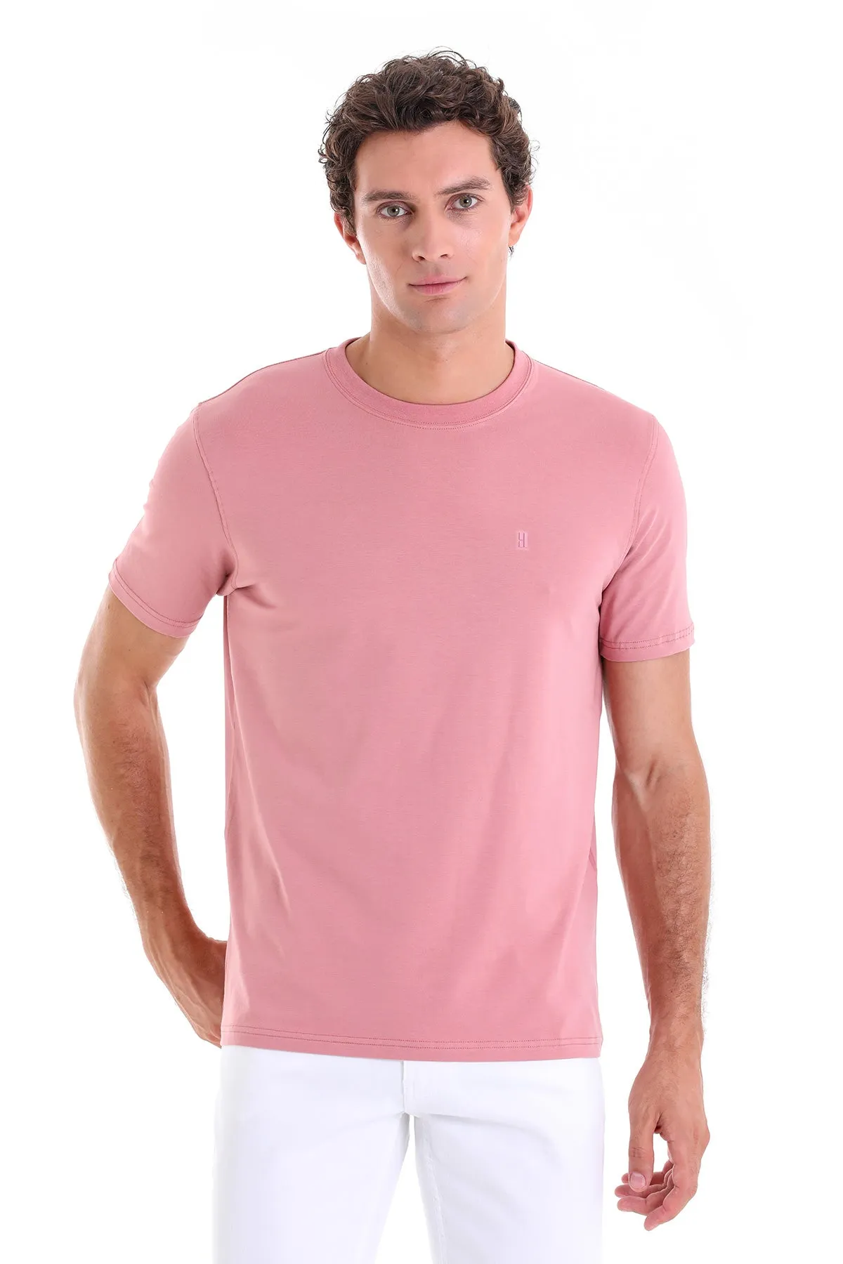 Regular Fit Cotton Blend Pink Crewneck T-Shirt