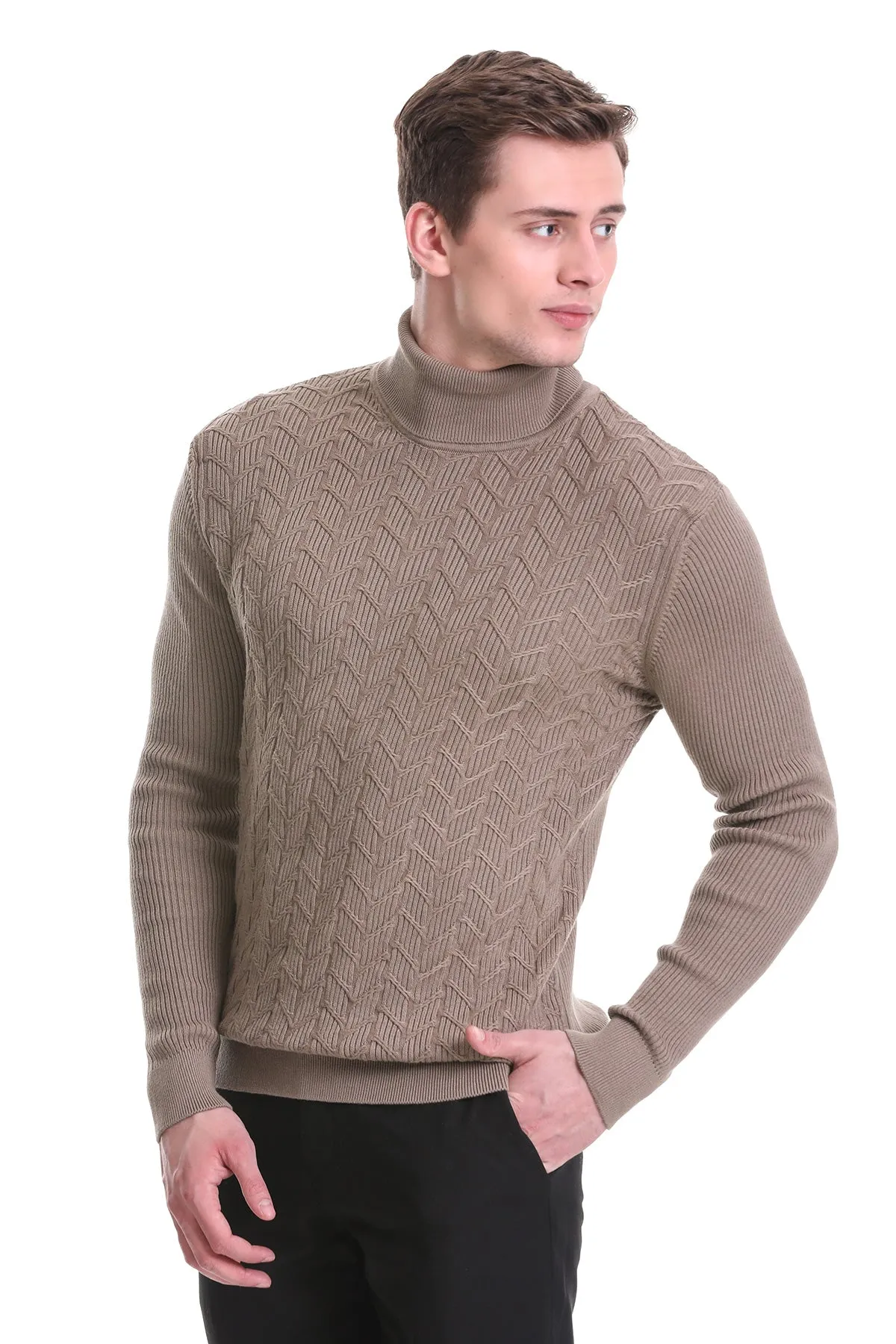 Regular Fit Grej Patterned Cotton Turtleneck Sweater