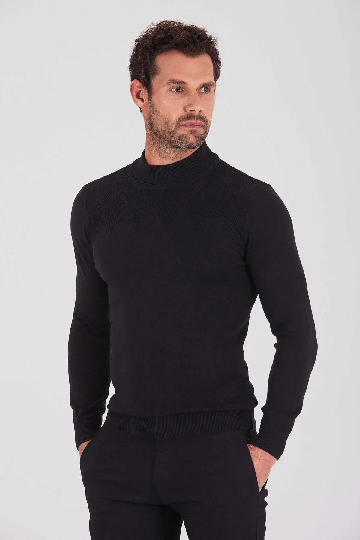 Regular Fit Plain Cotton Blend Bone Mock Neck Sweater, Black