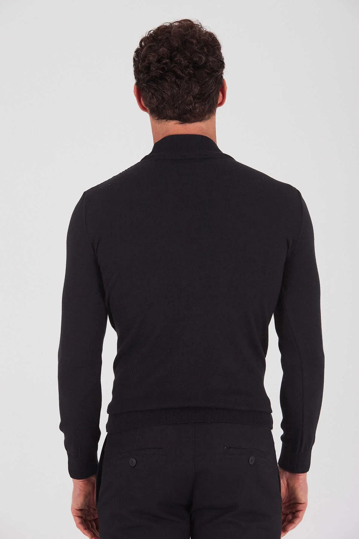 Regular Fit Plain Cotton Blend Bone Mock Neck Sweater, Black