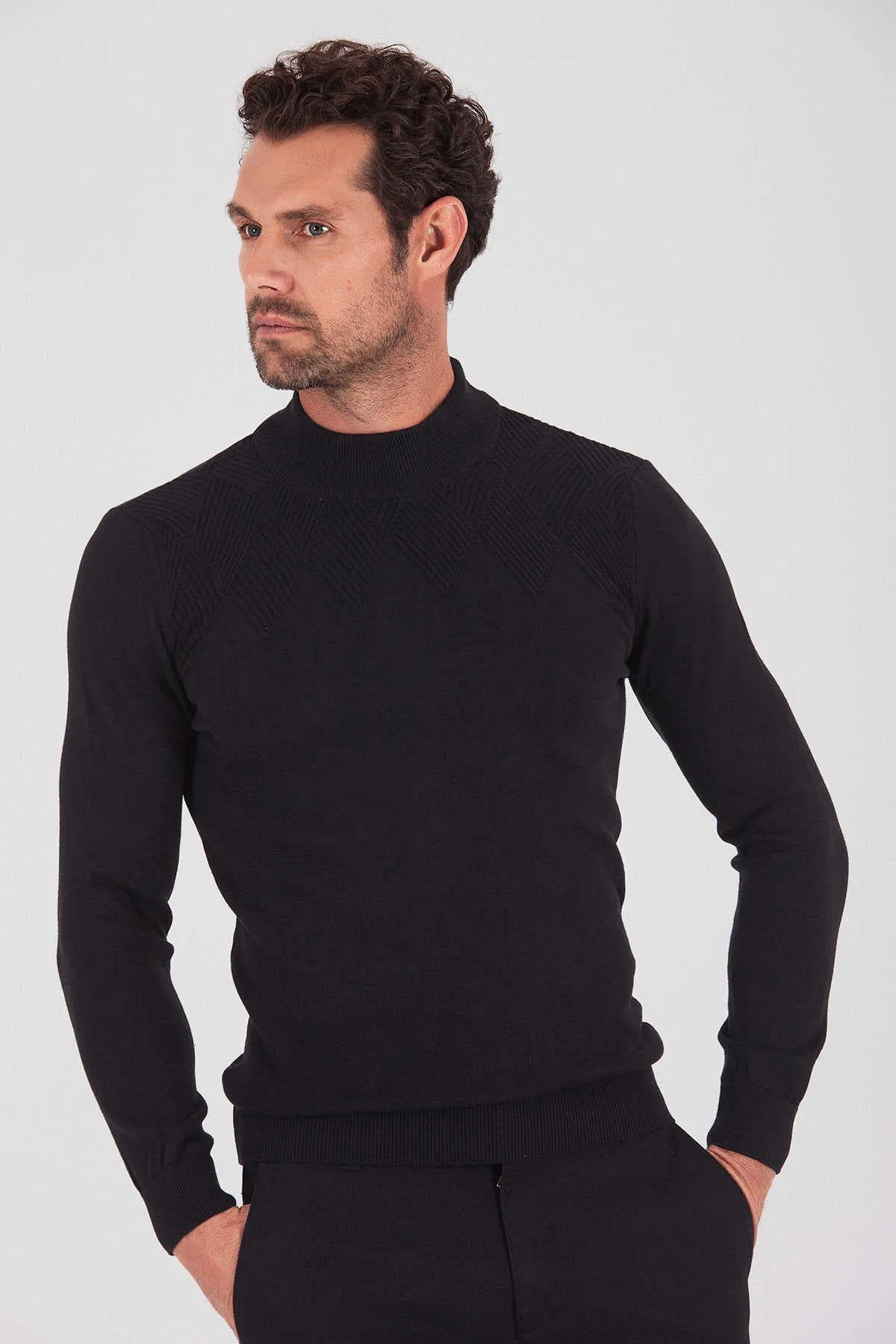 Regular Fit Plain Cotton Blend Bone Mock Neck Sweater, Black