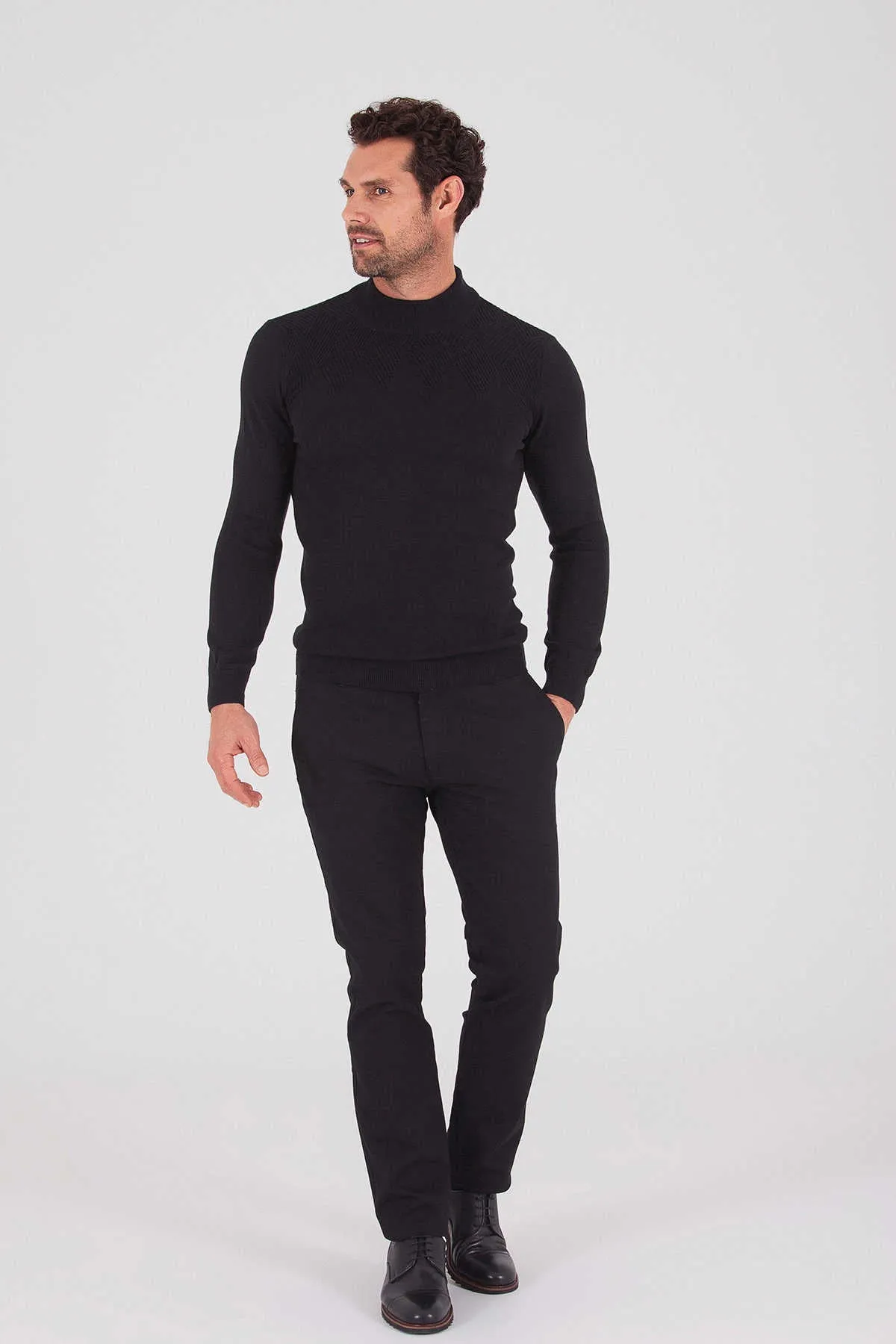 Regular Fit Plain Cotton Blend Bone Mock Neck Sweater, Black