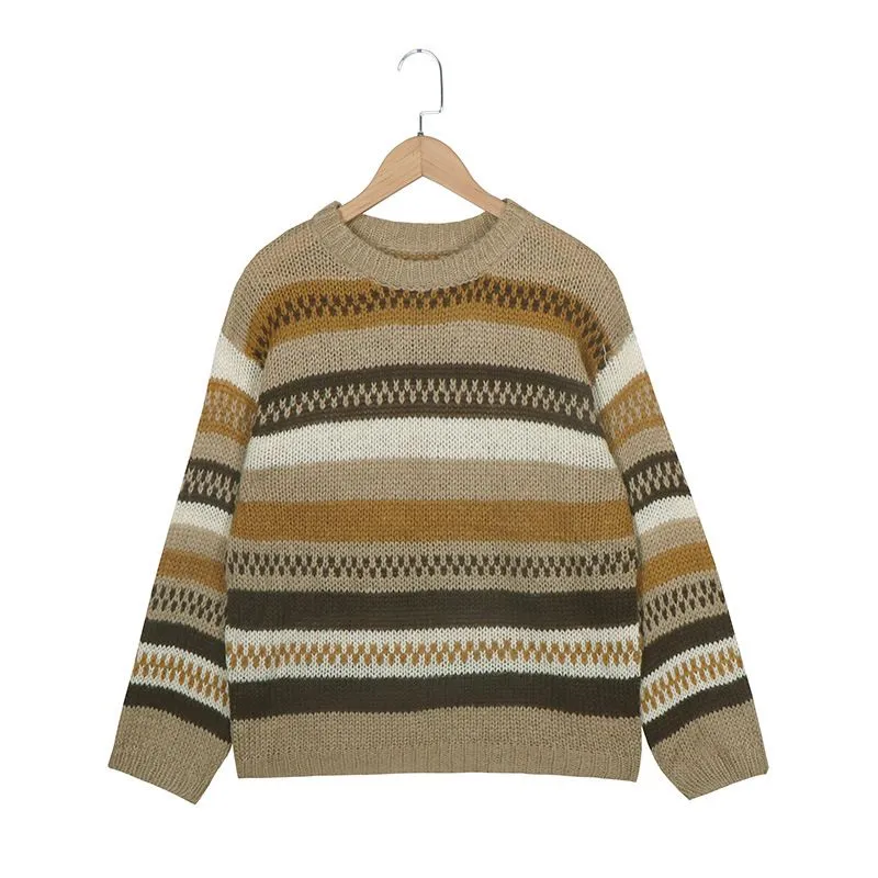 Retro Color Block Stripe Chunky Knitted Jumper Colored Knitwear Sweater