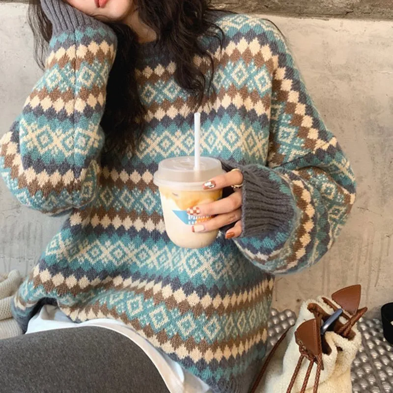 Retro Color Block Stripe Chunky Knitted Jumper Colored Knitwear Sweater