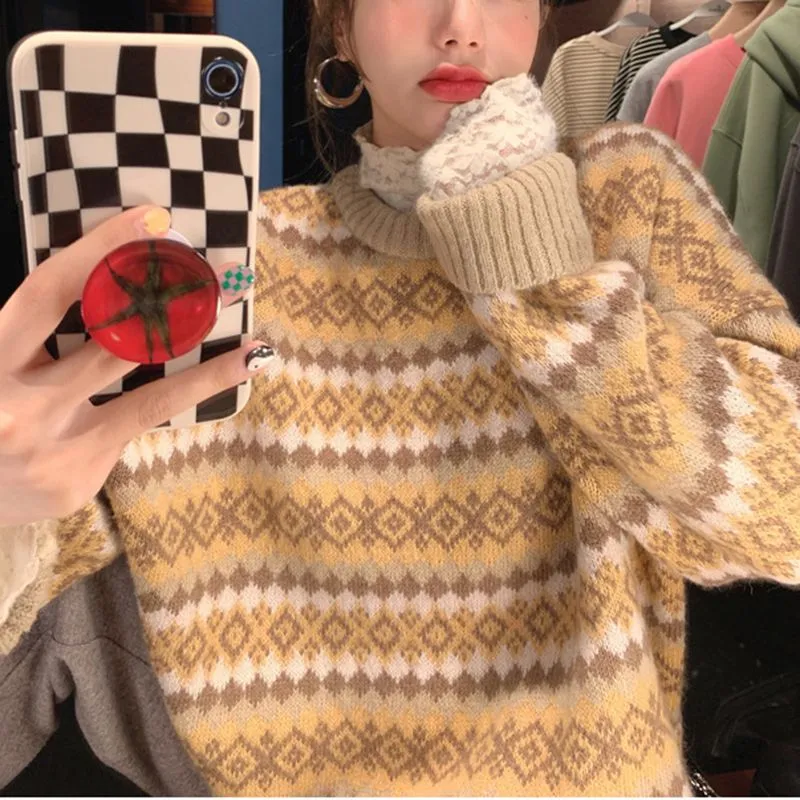 Retro Color Block Stripe Chunky Knitted Jumper Colored Knitwear Sweater