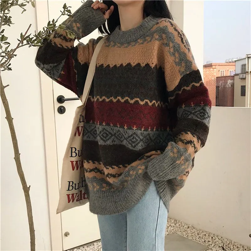 Retro Color Block Stripe Chunky Knitted Jumper Colored Knitwear Sweater