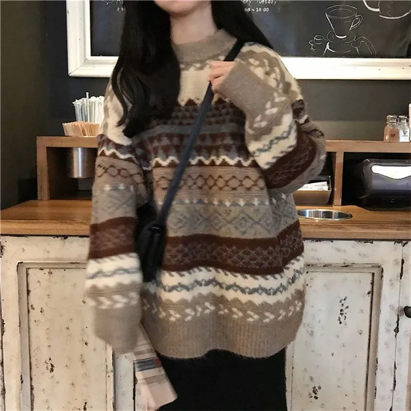 Retro Color Block Stripe Chunky Knitted Jumper Colored Knitwear Sweater