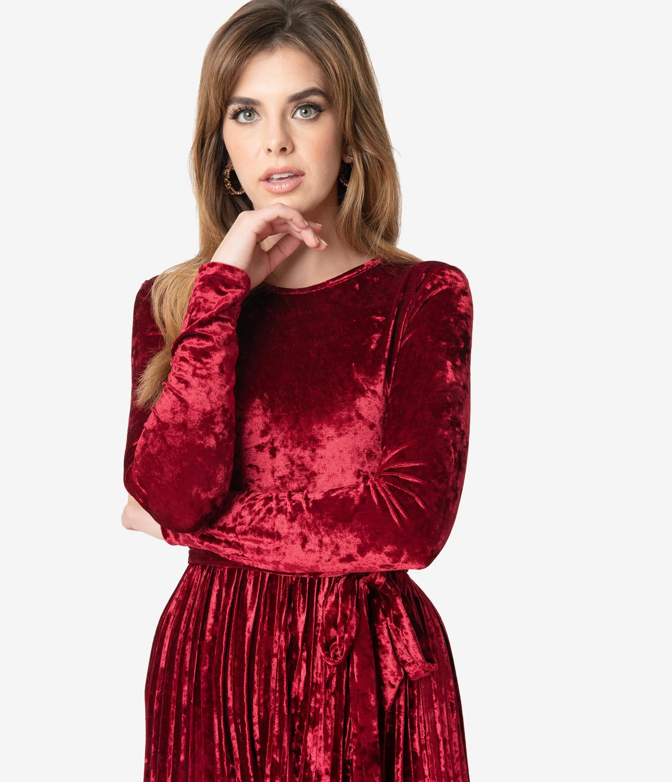 Retro Style Wine Red Velvet Pleated Modest Midi Dress