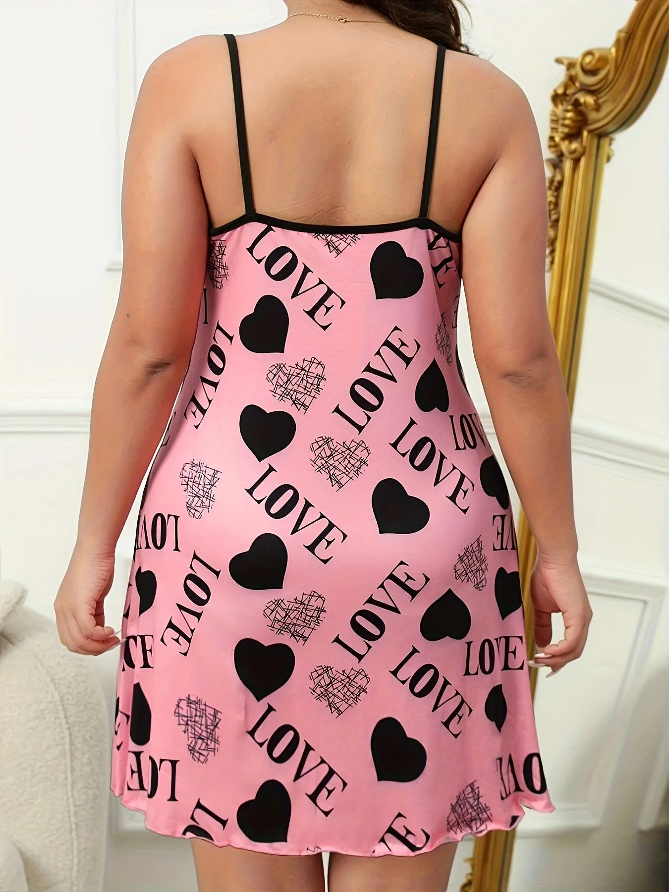 Romantic Charm Plus Size Heart & Letter Print Sleep Dress for Women's Valentine's Day