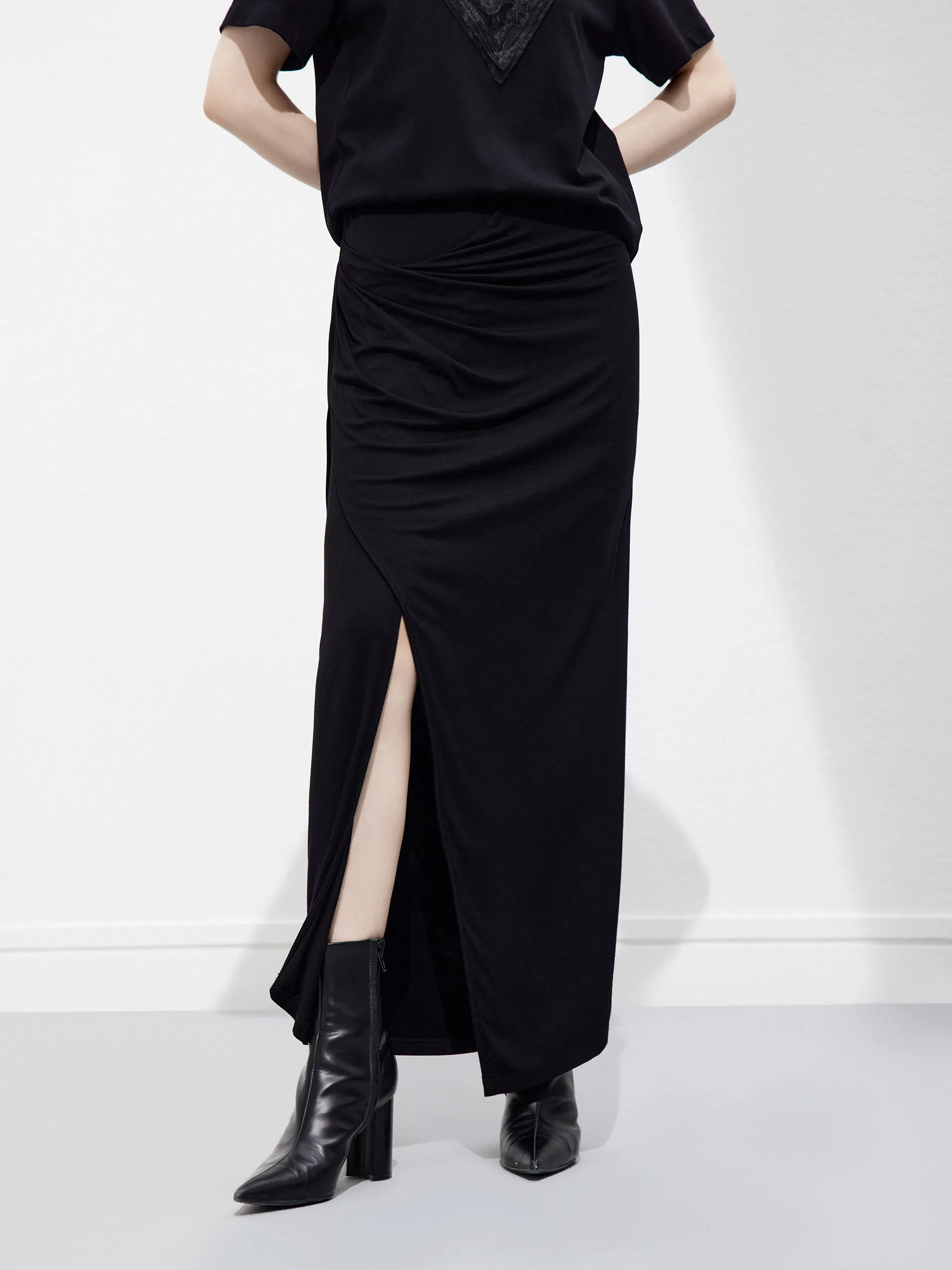 Ruched Slit Midi Skirt