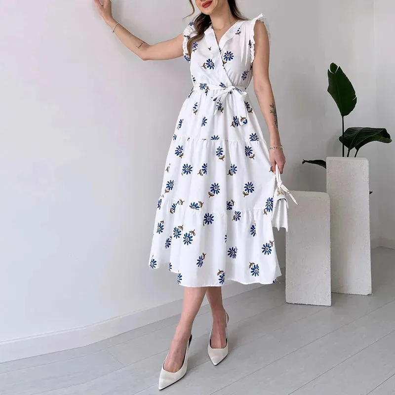 Ruffle Lace Up Loose 2024 New Floral Print Elegant V Neck Pleated Summer able Dress