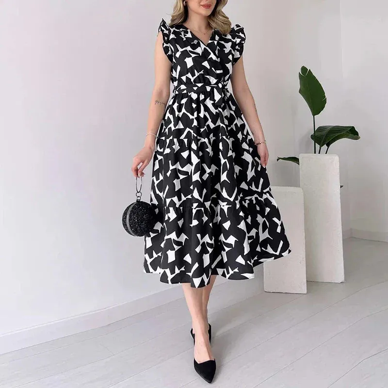 Ruffle Lace Up Loose 2024 New Floral Print Elegant V Neck Pleated Summer able Dress