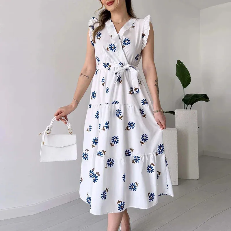 Ruffle Lace Up Loose 2024 New Floral Print Elegant V Neck Pleated Summer able Dress