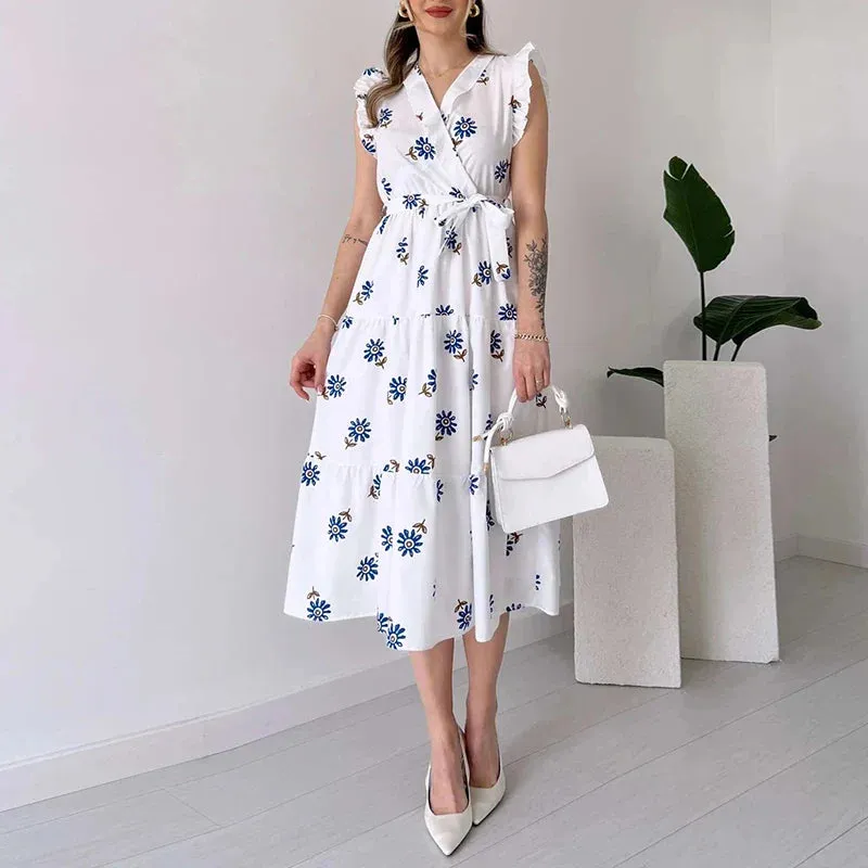 Ruffle Lace Up Loose 2024 New Floral Print Elegant V Neck Pleated Summer able Dress