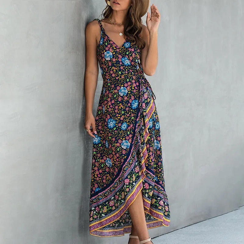 Ruffle Sleeveless Floral Print Wrap High Waist Strap Summer Maxi Boho Dress