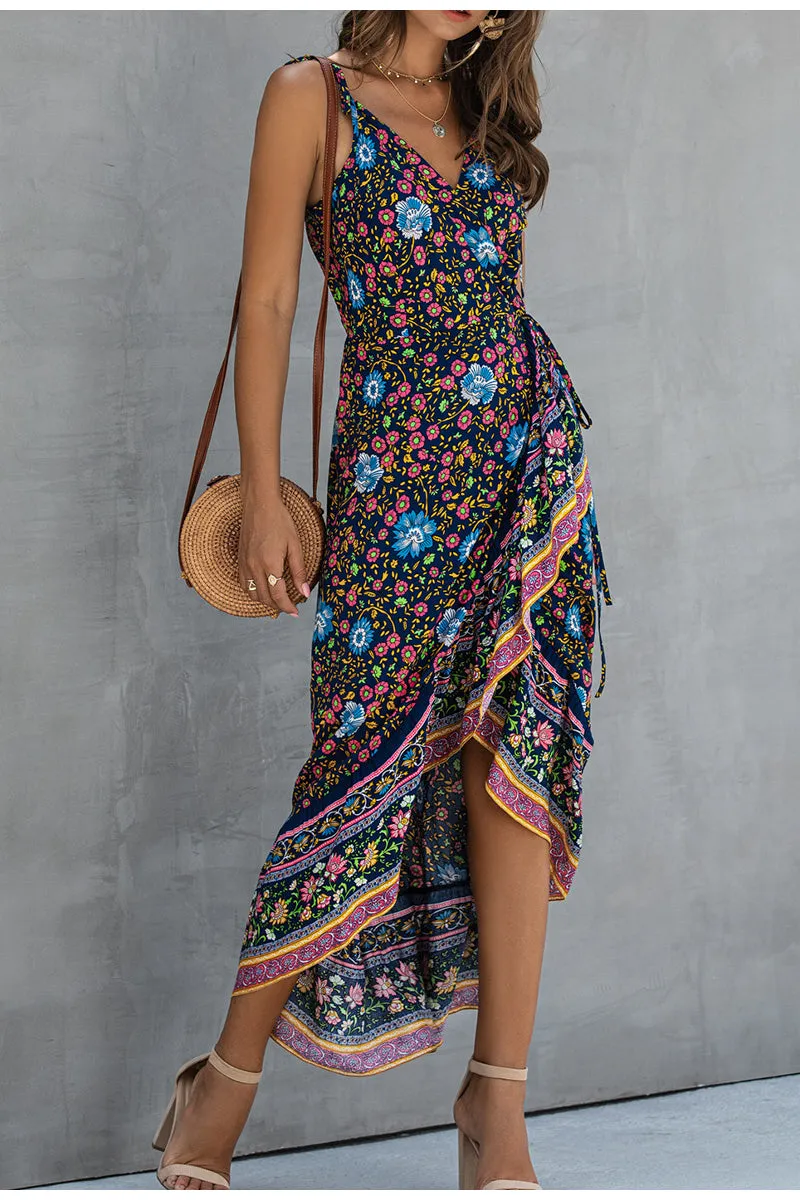 Ruffle Sleeveless Floral Print Wrap High Waist Strap Summer Maxi Boho Dress