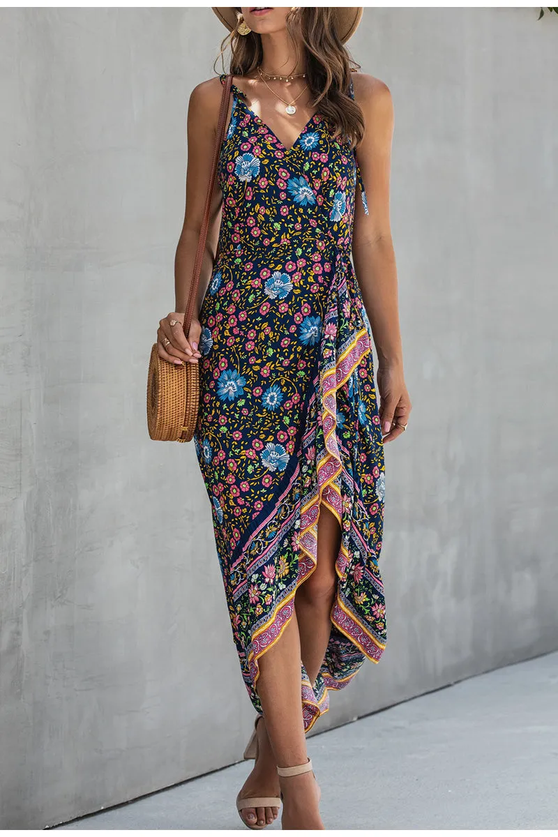 Ruffle Sleeveless Floral Print Wrap High Waist Strap Summer Maxi Boho Dress