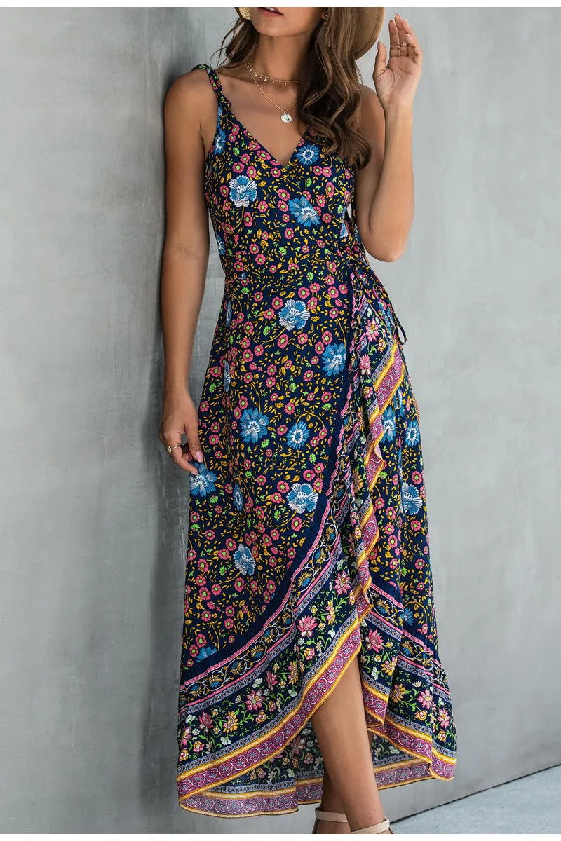 Ruffle Sleeveless Floral Print Wrap High Waist Strap Summer Maxi Boho Dress