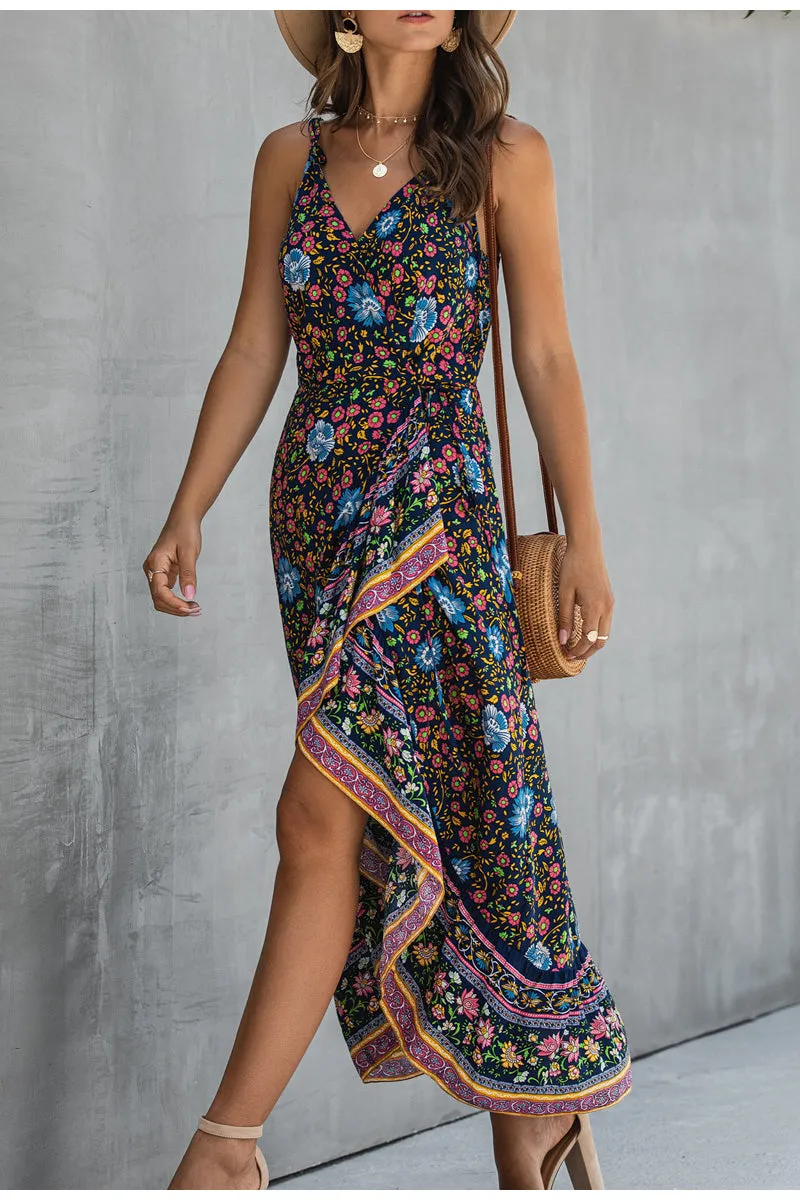 Ruffle Sleeveless Floral Print Wrap High Waist Strap Summer Maxi Boho Dress