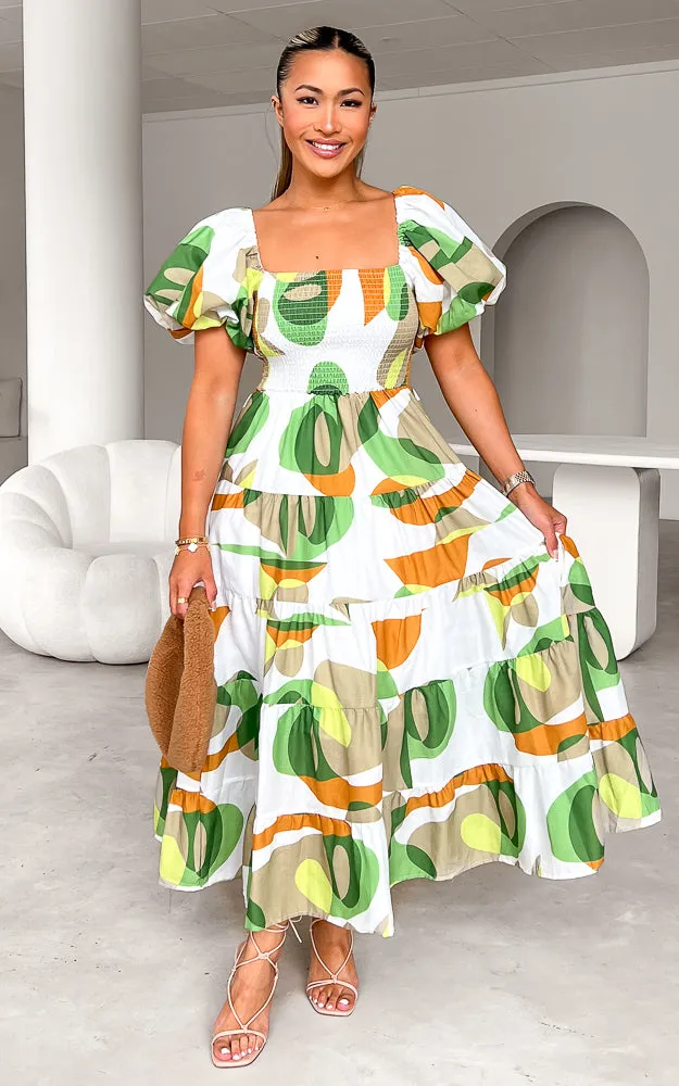 Sabah Midi Dress - White Green Print