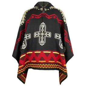 Sarayaku - Harmony of Contrasts Hooded Alpaca-Cotton Poncho - Aztec Geometric Accents