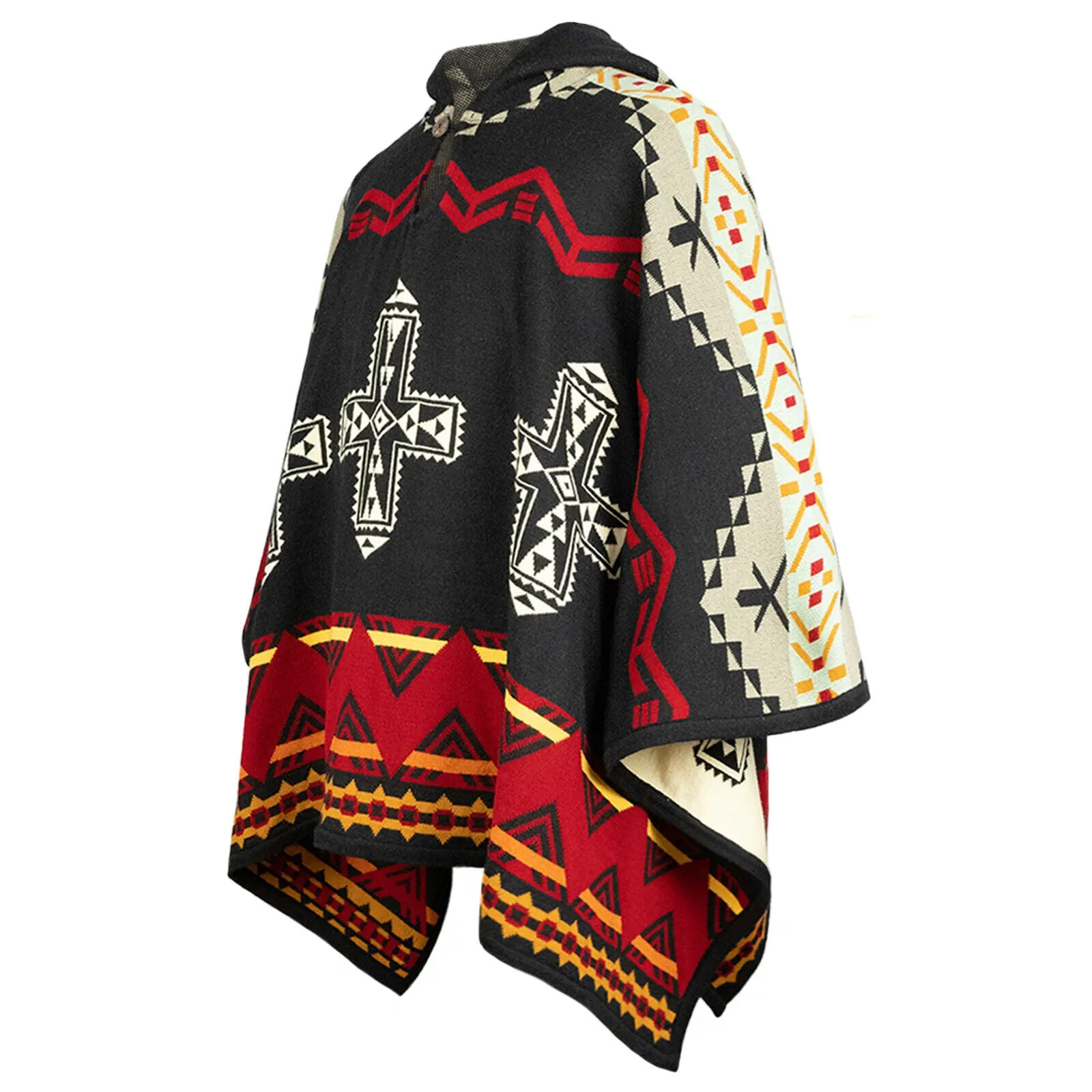 Sarayaku - Harmony of Contrasts Hooded Alpaca-Cotton Poncho - Aztec Geometric Accents