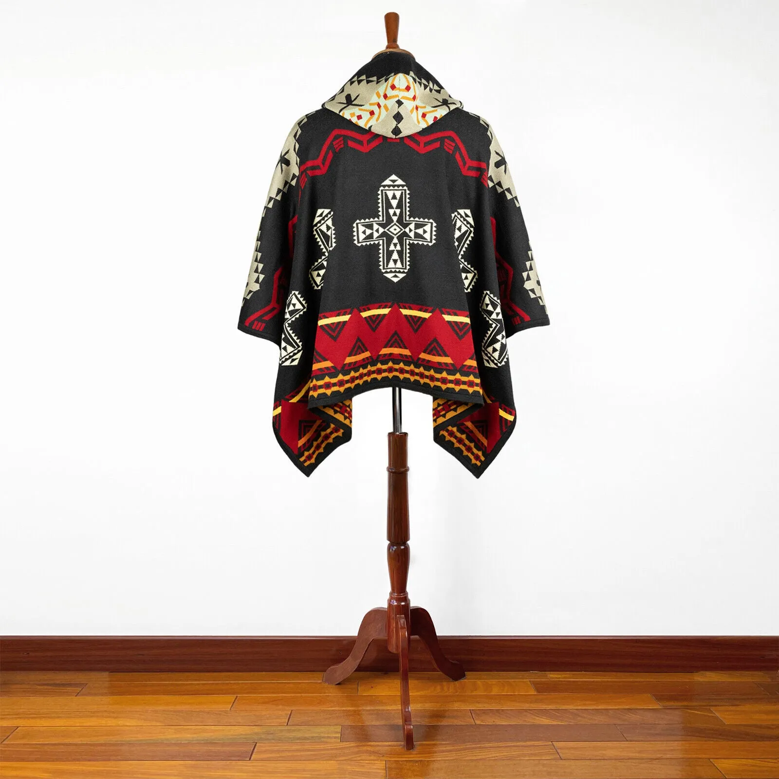 Sarayaku - Harmony of Contrasts Hooded Alpaca-Cotton Poncho - Aztec Geometric Accents