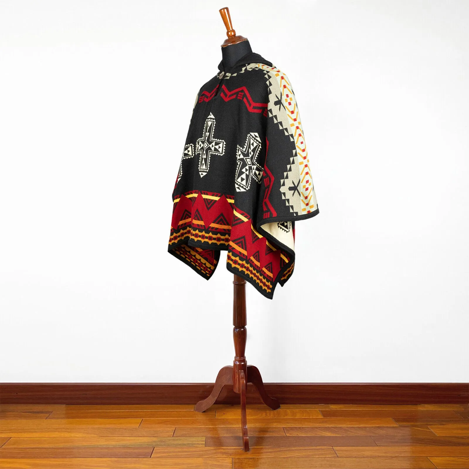 Sarayaku - Harmony of Contrasts Hooded Alpaca-Cotton Poncho - Aztec Geometric Accents