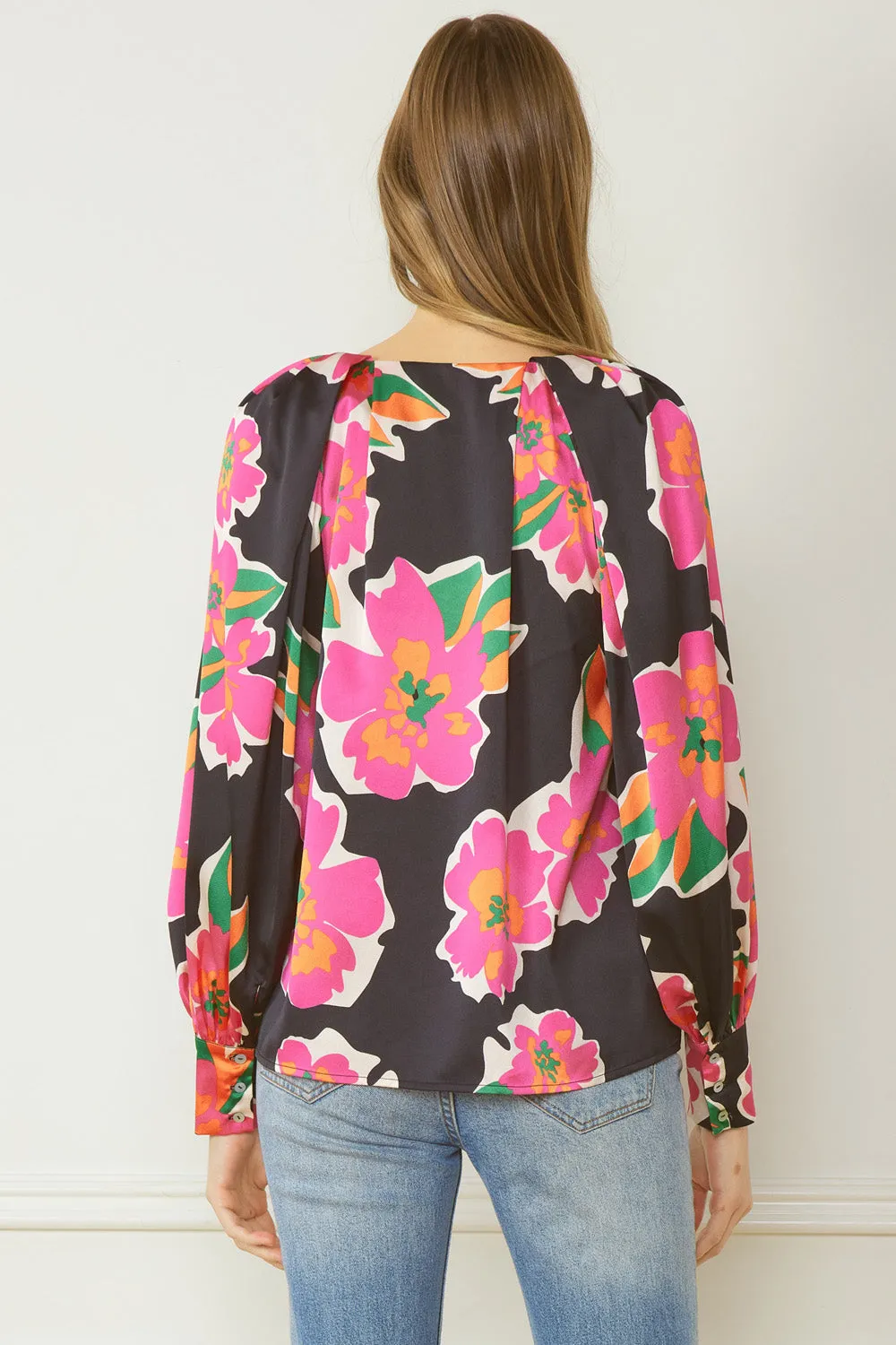 Satin Floral Blouse, Black Mix