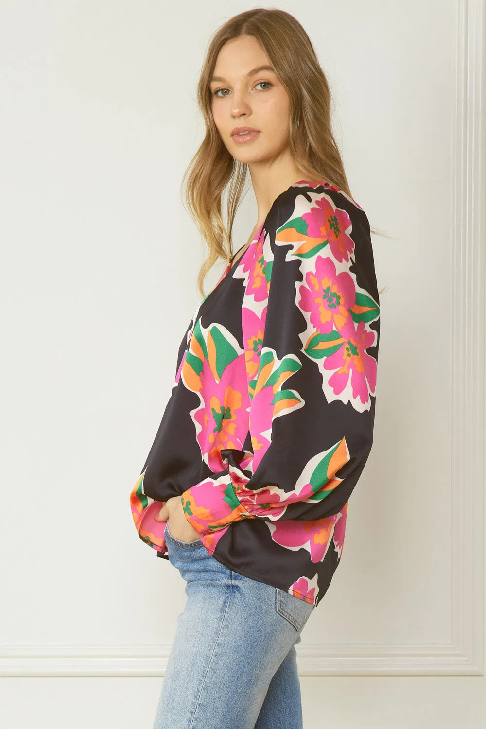 Satin Floral Blouse, Black Mix