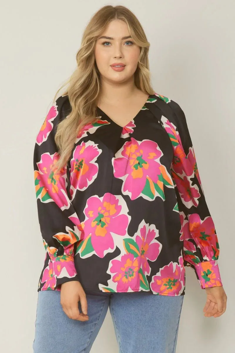 Satin Floral Blouse, Black Mix