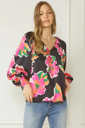 Satin Floral Blouse, Black Mix