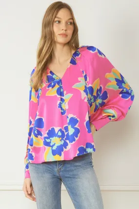 Satin Floral Blouse, Pink Mix