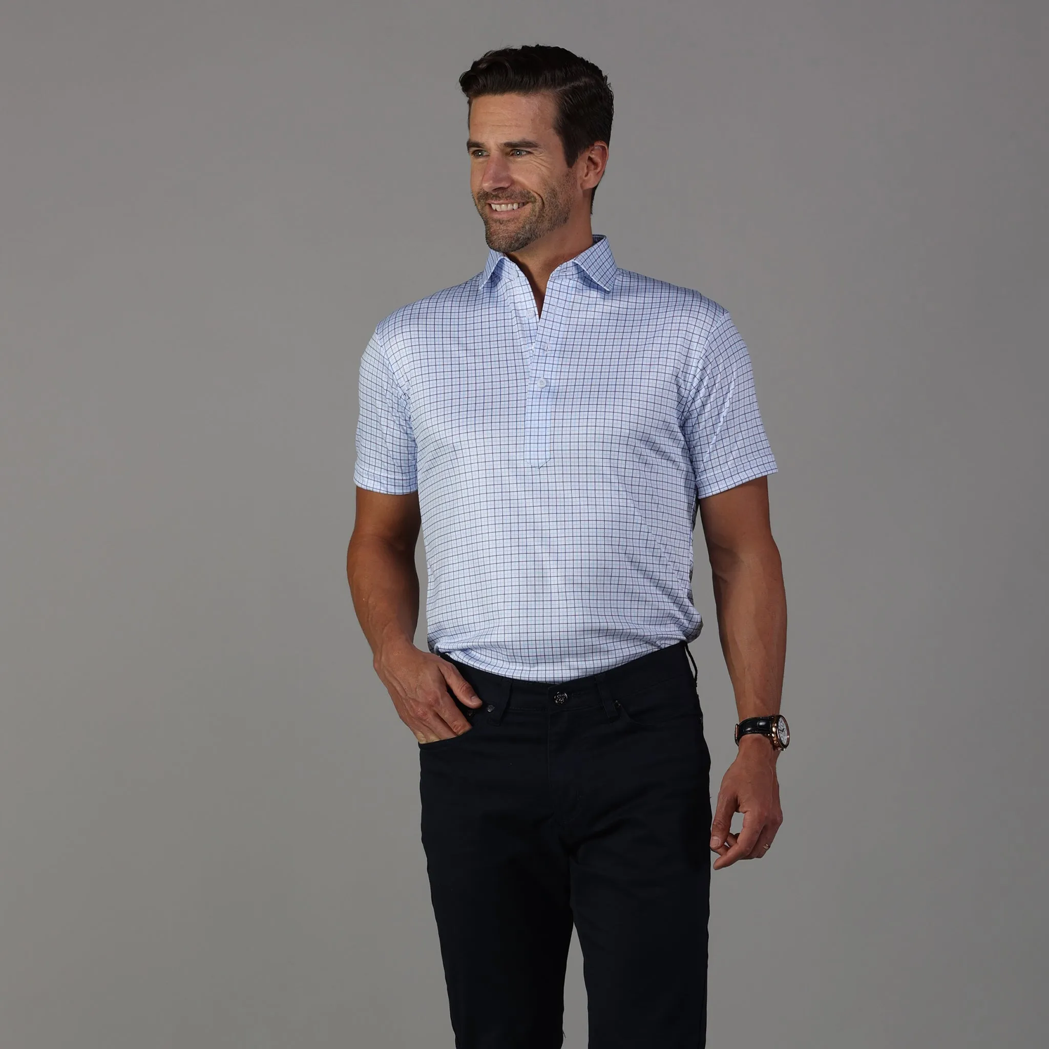 Semi-Spread Collar Polo Broad St. Light Blue Tattersall