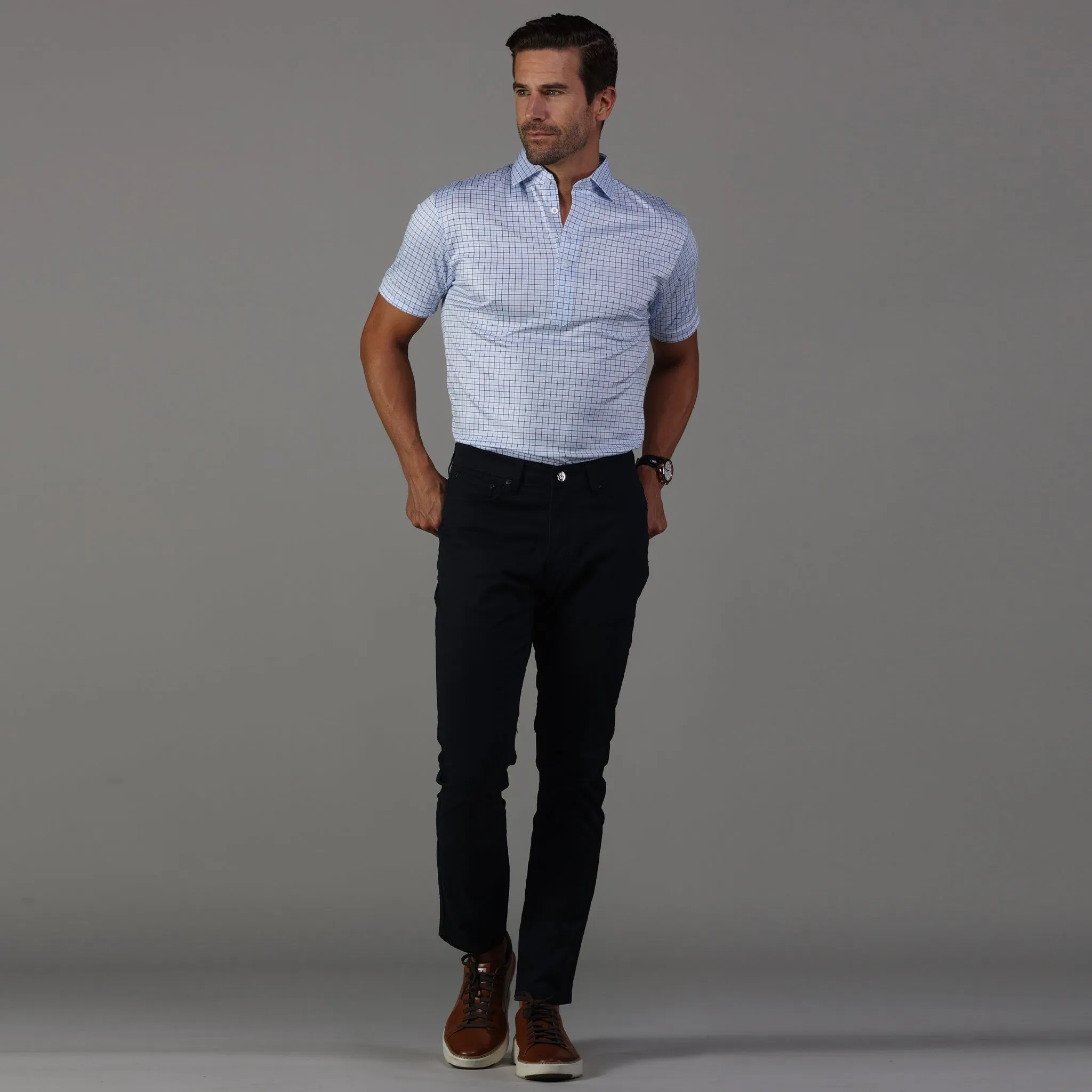 Semi-Spread Collar Polo Broad St. Light Blue Tattersall