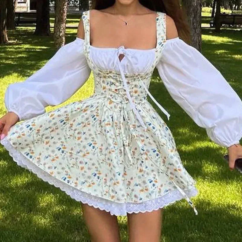 Sexy French Lace Splicing Spring Stitch Puff Long Sleeve Short Elegant Sweet Dress