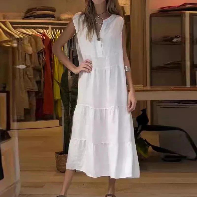 Sexy High Waist Long 2024 Casual Loose Vest V-neck Button Pleated Commuting Summer Ladies Dress