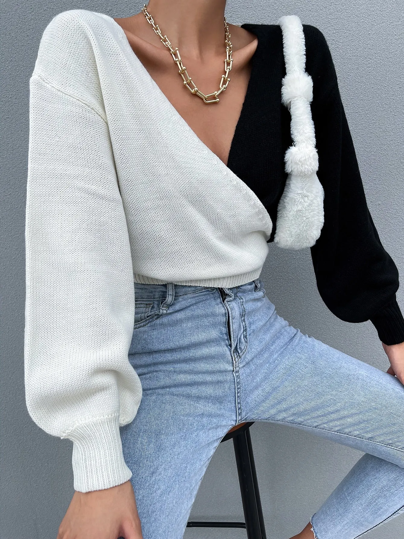 Sexy Plain Wrap Long Sleeve V Neck Crop Women Sweater