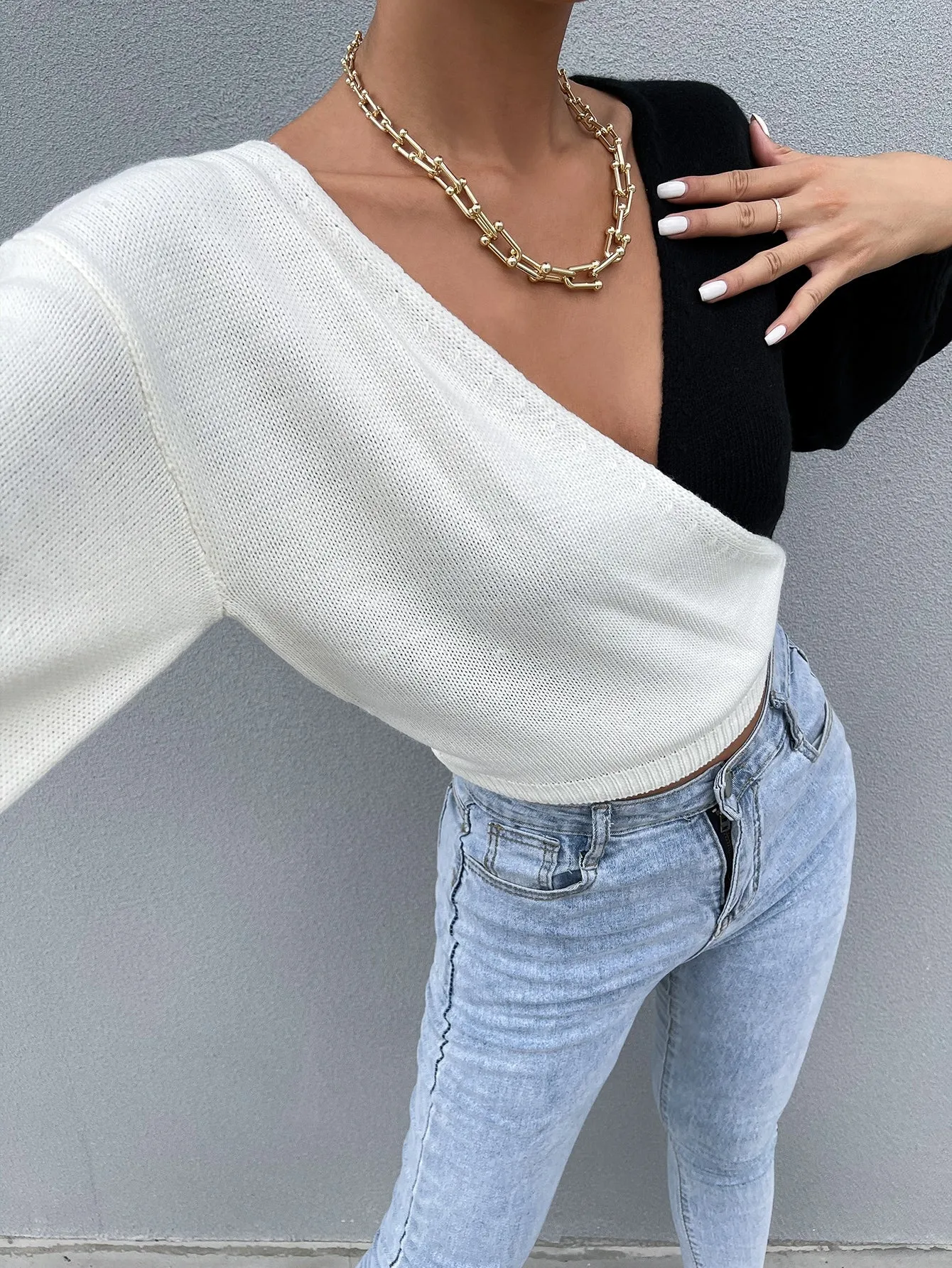 Sexy Plain Wrap Long Sleeve V Neck Crop Women Sweater