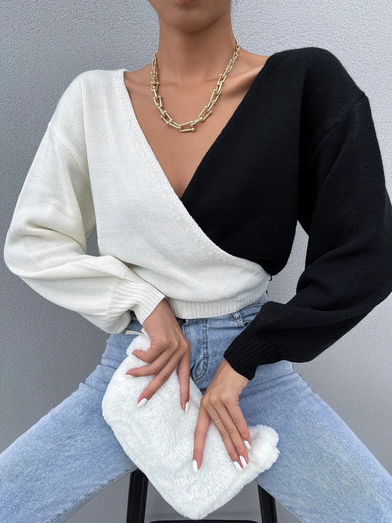 Sexy Plain Wrap Long Sleeve V Neck Crop Women Sweater