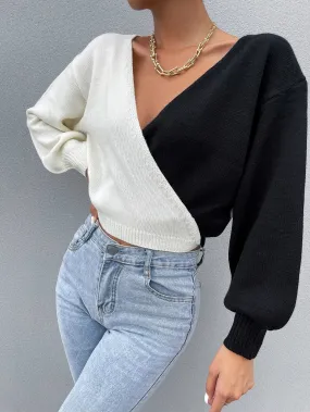 Sexy Plain Wrap Long Sleeve V Neck Crop Women Sweater