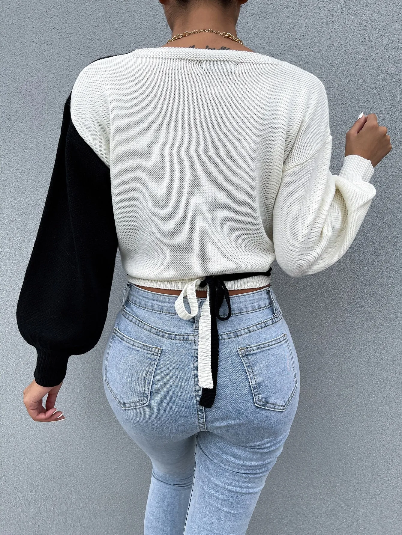 Sexy Plain Wrap Long Sleeve V Neck Crop Women Sweater