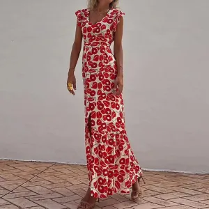 Sexy V-neck Floral Print Long New Ruffle Slim Party Split Pocket High Waist Summer Ladies Dress