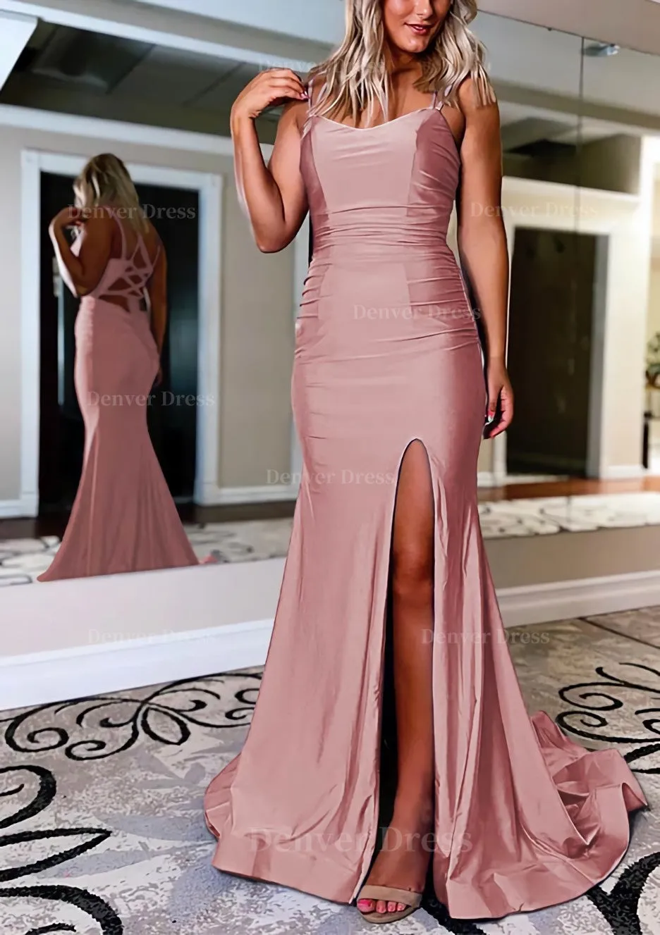 Sheath/Column Bateau Sweep Train Sleeveless Silk like Satin Prom Dress With Pleated Split