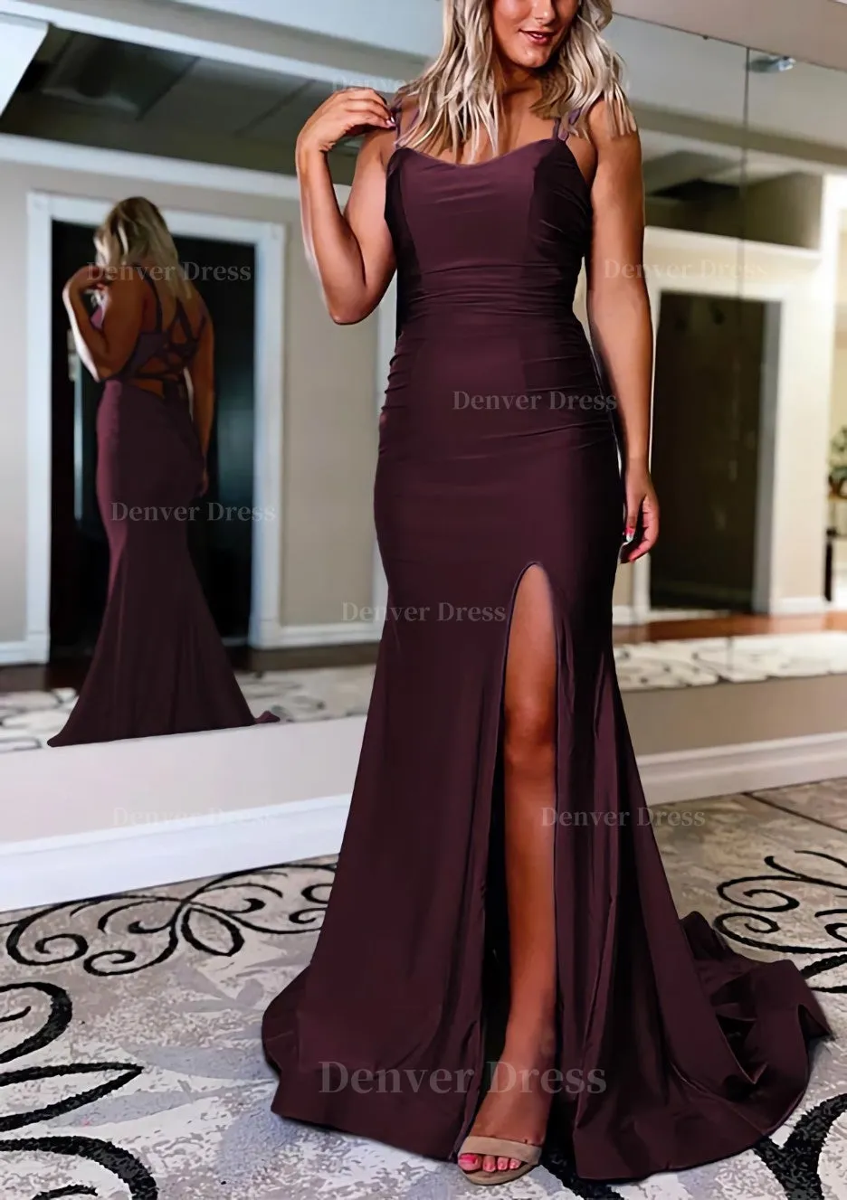 Sheath/Column Bateau Sweep Train Sleeveless Silk like Satin Prom Dress With Pleated Split