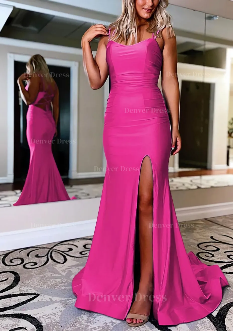 Sheath/Column Bateau Sweep Train Sleeveless Silk like Satin Prom Dress With Pleated Split